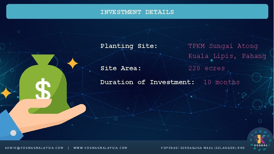 INVESTMENT DETAILS Planting Site: TPKM Sungai Atong Kuala Lipis, Pahang Site Area: 220 ecres