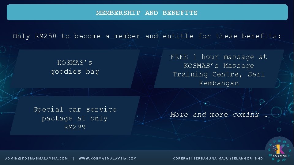 MEMBERSHIP AND BENEFITS Only RM 250 to become a member and entitle for these