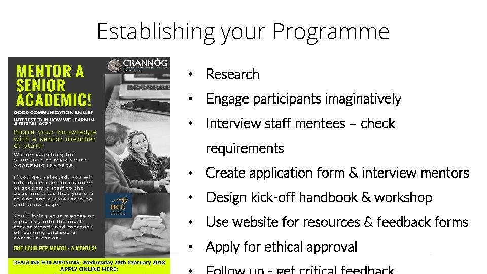 Establishing your Programme • Research • Engage participants imaginatively • Interview staff mentees –