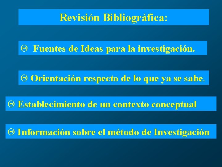 Revisión Bibliográfica: Q Fuentes de Ideas para la investigación. Q Orientación respecto de lo