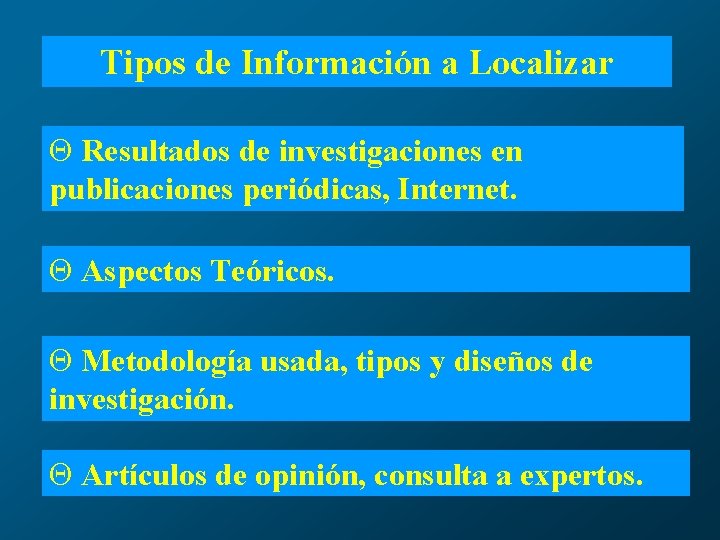 Tipos de Información a Localizar Q Resultados de investigaciones en publicaciones periódicas, Internet. Q