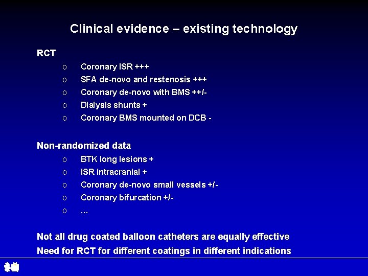 Clinical evidence – existing technology RCT o Coronary ISR +++ o SFA de-novo and