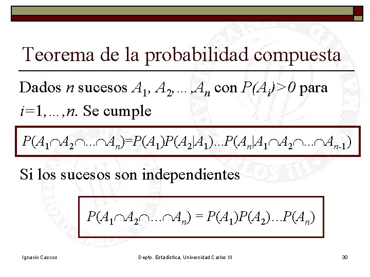 Teorema de la probabilidad compuesta Dados n sucesos A 1, A 2, …, An