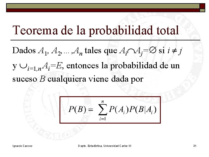 Teorema de la probabilidad total Dados A 1, A 2, …, An tales que