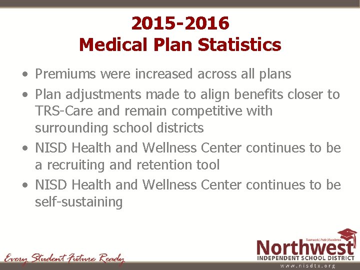 2015 -2016 Medical Plan Statistics • Premiums were increased across all plans • Plan