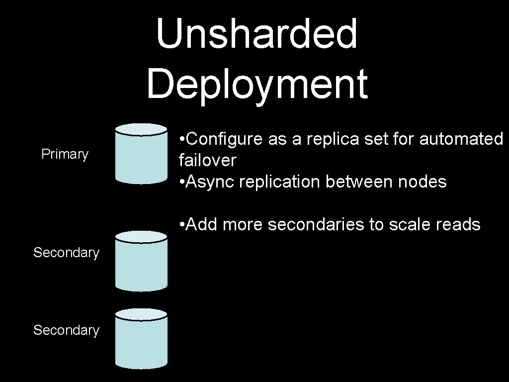 Unsharded Deployment Primary • Configure as a replica set for automated failover • Async