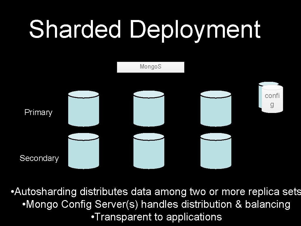 Sharded Deployment Mongo. S Primary confi g Secondary • Autosharding distributes data among two