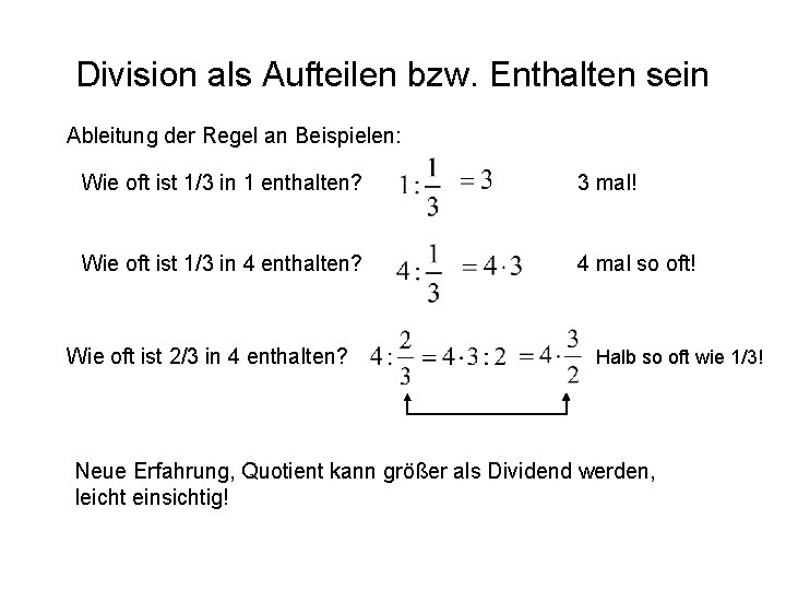 Division als Aufteilen bzw. Enthalten sein Ableitung der Regel an Beispielen: Wie oft ist