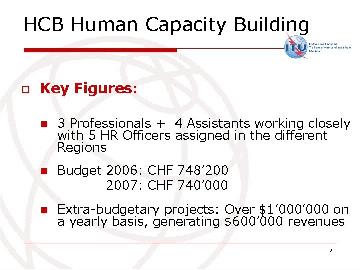 HCB Human Capacity Building o Key Figures: n 3 Professionals + 4 Assistants working