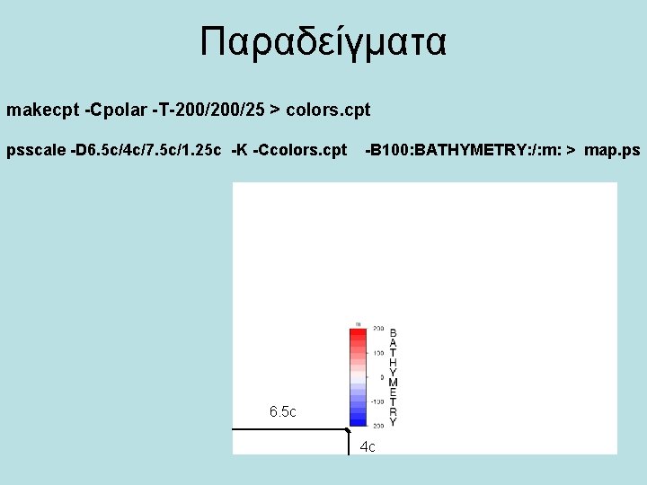 Παραδείγματα makecpt -Cpolar -T-200/25 > colors. cpt psscale -D 6. 5 c/4 c/7. 5