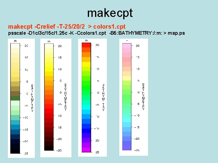 makecpt -Crelief -T-25/20/2 > colors 1. cpt psscale -D 1 c/3 c/15 c/1. 25