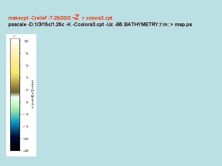 makecpt -Crelief -T-25/20/2 -Z > colors 3. cpt psscale -D. 1/3/15 c/1. 25 c