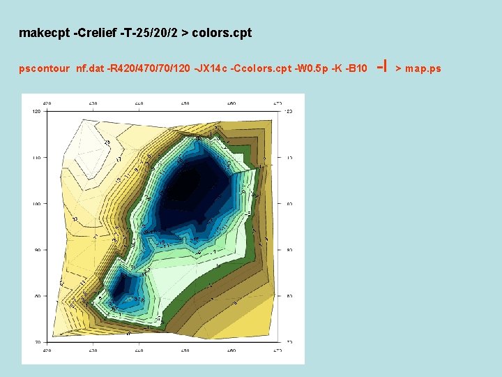makecpt -Crelief -T-25/20/2 > colors. cpt pscontour nf. dat -R 420/470/70/120 -JX 14 c