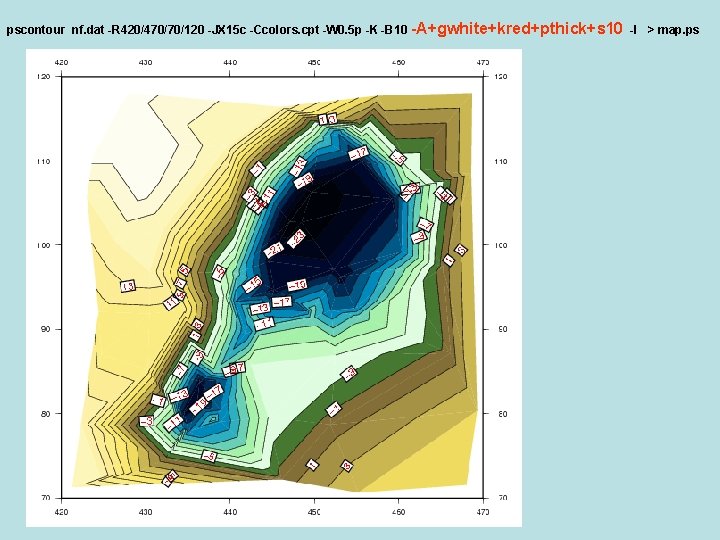 pscontour nf. dat -R 420/470/70/120 -JX 15 c -Ccolors. cpt -W 0. 5 p