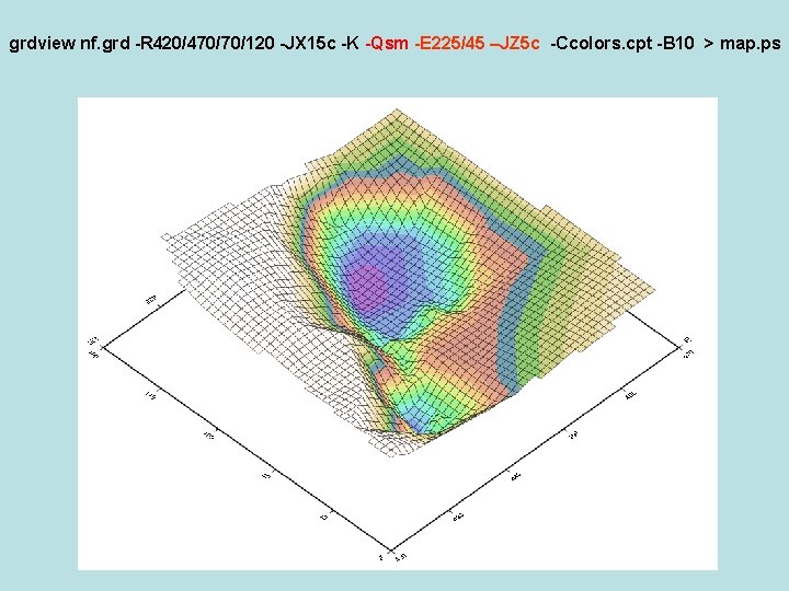 grdview nf. grd -R 420/470/70/120 -JX 15 c -K -Qsm -E 225/45 –JΖ 5