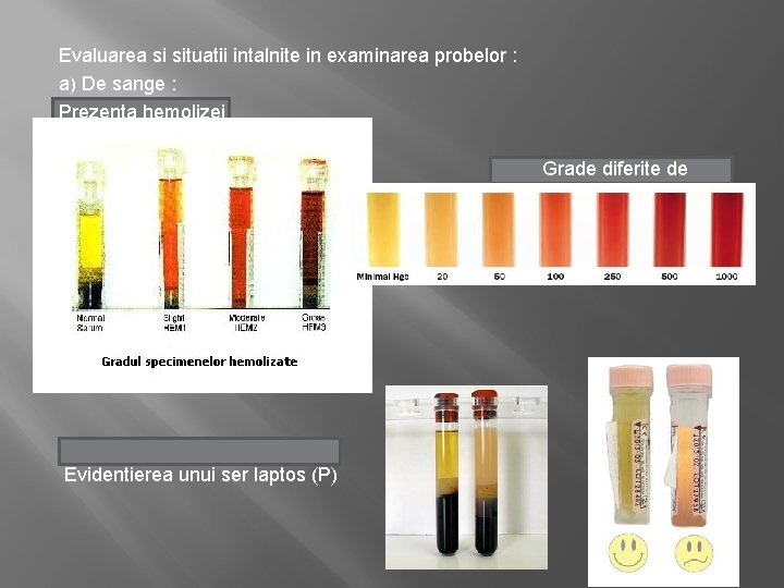 Evaluarea si situatii intalnite in examinarea probelor : a) De sange : Prezenta hemolizei