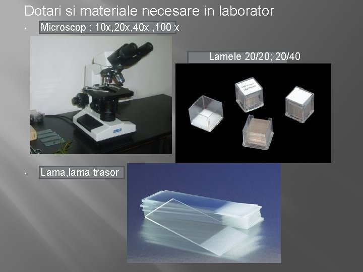 Dotari si materiale necesare in laborator • Microscop : 10 x, 20 x, 40