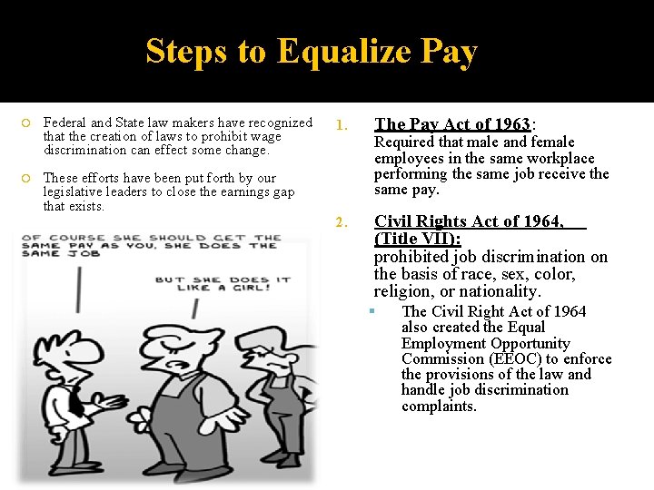 Steps to Equalize Pay Federal and State law makers have recognized that the creation
