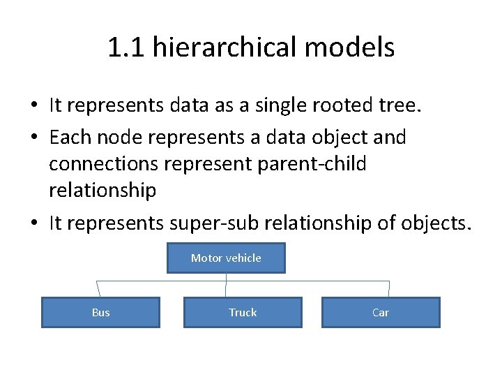 1. 1 hierarchical models • It represents data as a single rooted tree. • 1. 1 hierarchical models • It represents data as a single rooted tree. •