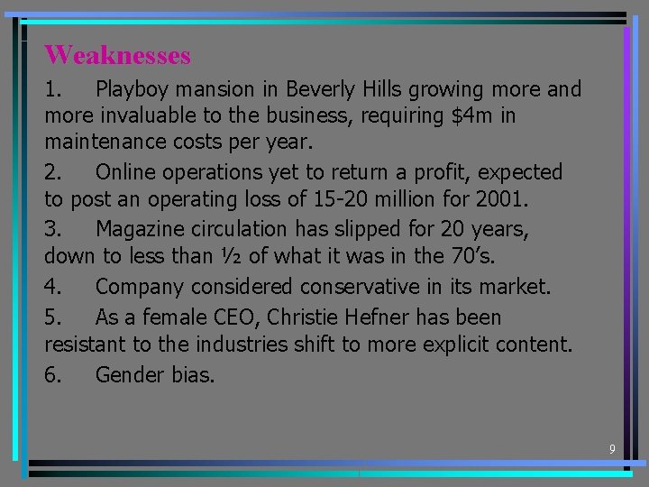 Weaknesses 1. Playboy mansion in Beverly Hills growing more and more invaluable to the