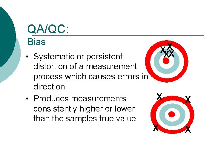 QA/QC: Bias XXXX • Systematic or persistent distortion of a measurement process which causes