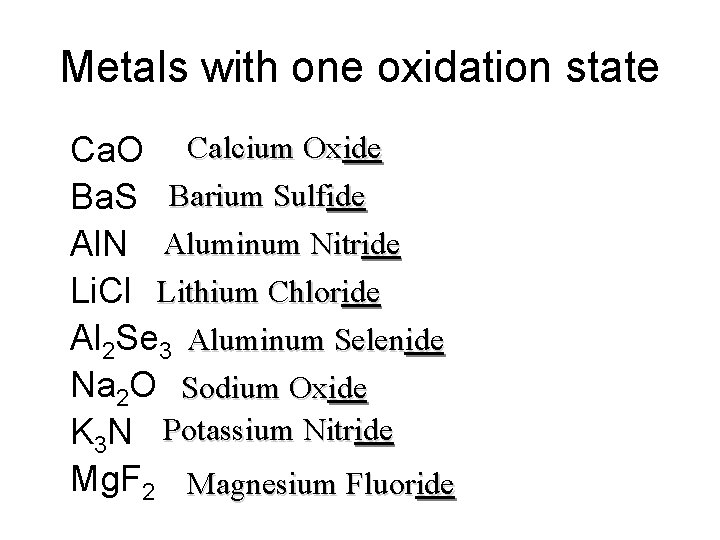Metals with one oxidation state • • Ca. O Calcium Oxide Ba. S Barium Metals with one oxidation state • • Ca. O Calcium Oxide Ba. S Barium