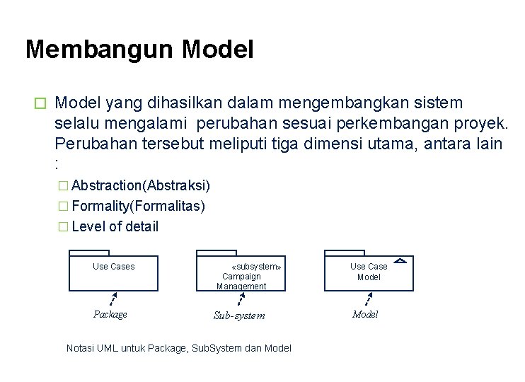 Membangun Model � Model yang dihasilkan dalam mengembangkan sistem selalu mengalami perubahan sesuai perkembangan