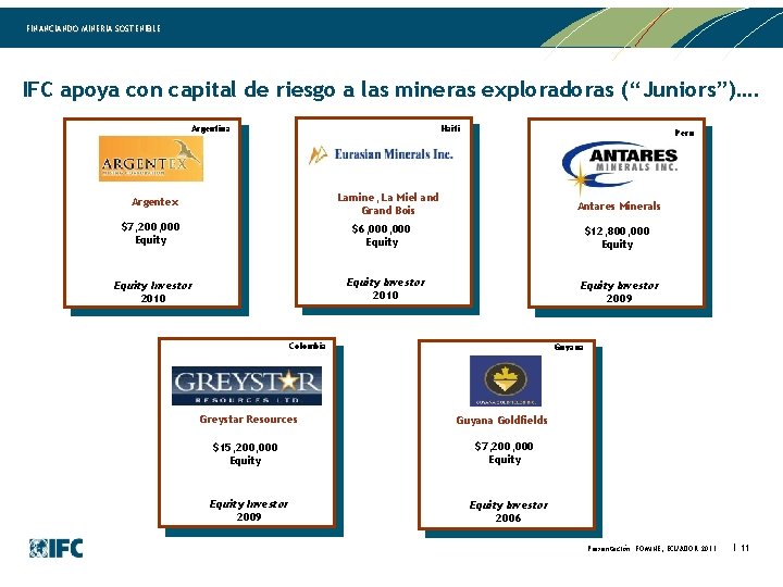 FINANCIANDO MINERIA SOSTENIBLE IFC apoya con capital de riesgo a las mineras exploradoras (“Juniors”)….