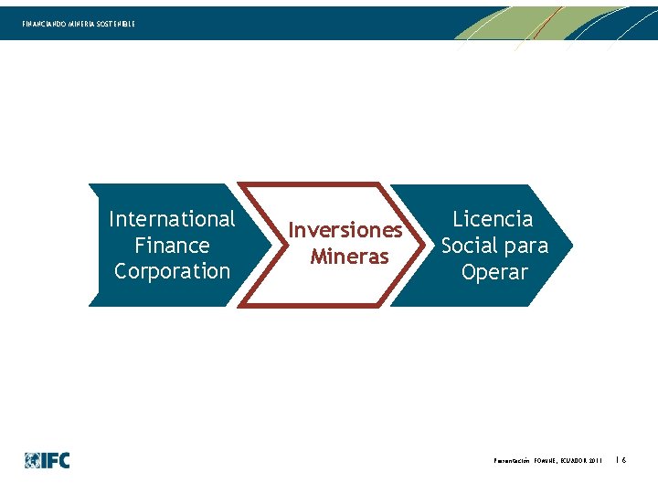 FINANCIANDO MINERIA SOSTENIBLE International Finance Corporation Inversiones Mineras Licencia Social para Operar Presentación FOMINE,