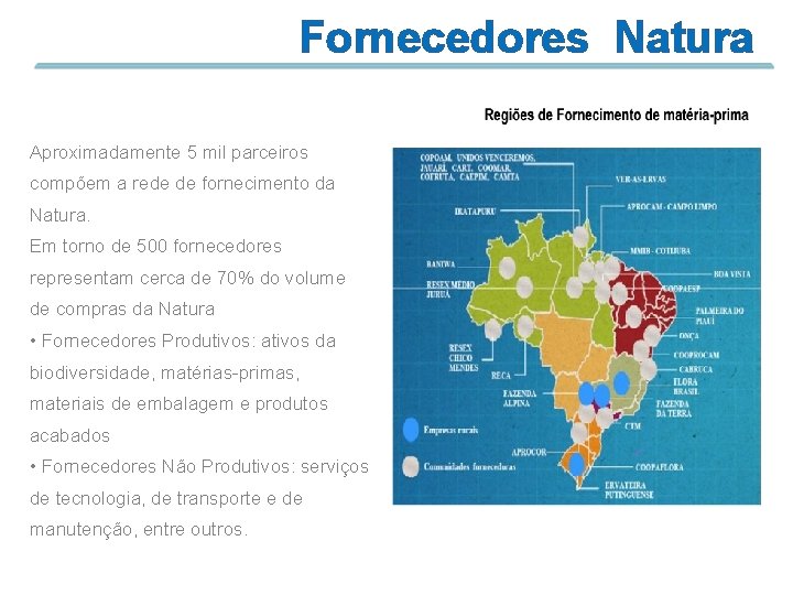 Fornecedores Natura Aproximadamente 5 mil parceiros compõem a rede de fornecimento da Natura. Em