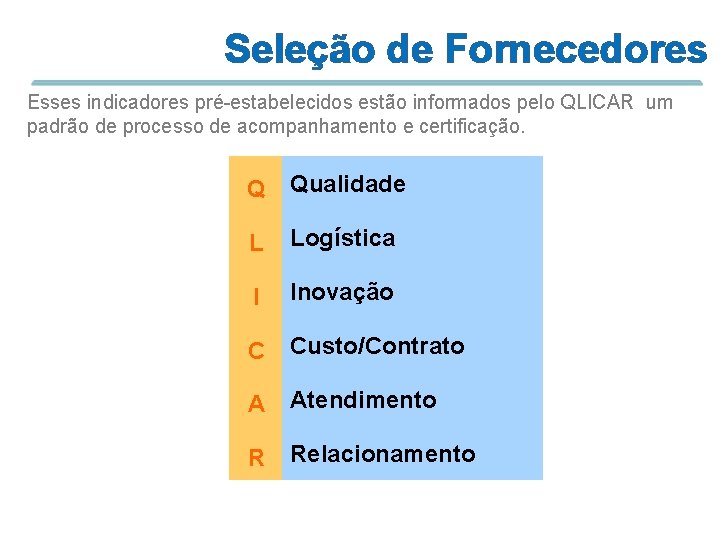 Seleção de Fornecedores Esses indicadores pré-estabelecidos estão informados pelo QLICAR um padrão de processo