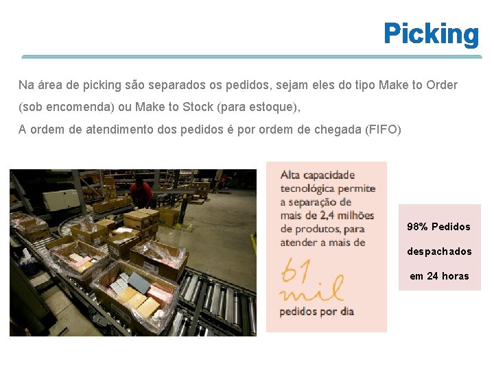 Picking Na área de picking são separados os pedidos, sejam eles do tipo Make