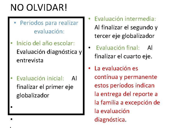 NO OLVIDAR! • Periodos para realizar evaluación: • Evaluación intermedia: Al finalizar el segundo