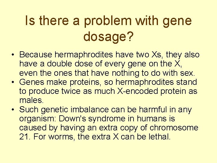 Is there a problem with gene dosage? • Because hermaphrodites have two Xs, they