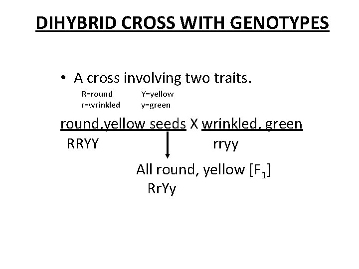 DIHYBRID CROSS WITH GENOTYPES • A cross involving two traits. R=round r=wrinkled Y=yellow y=green