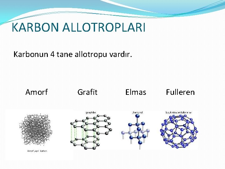 KARBON ALLOTROPLARI Karbonun 4 tane allotropu vardır. Amorf Grafit Elmas Fulleren 