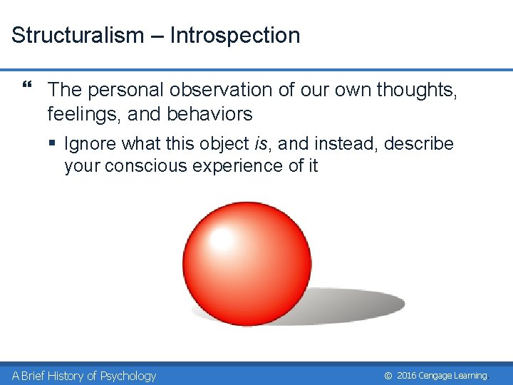 Structuralism – Introspection } The personal observation of our own thoughts, feelings, and behaviors
