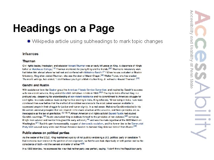 Headings on a Page Wikipedia article using subheadings to mark topic changes 