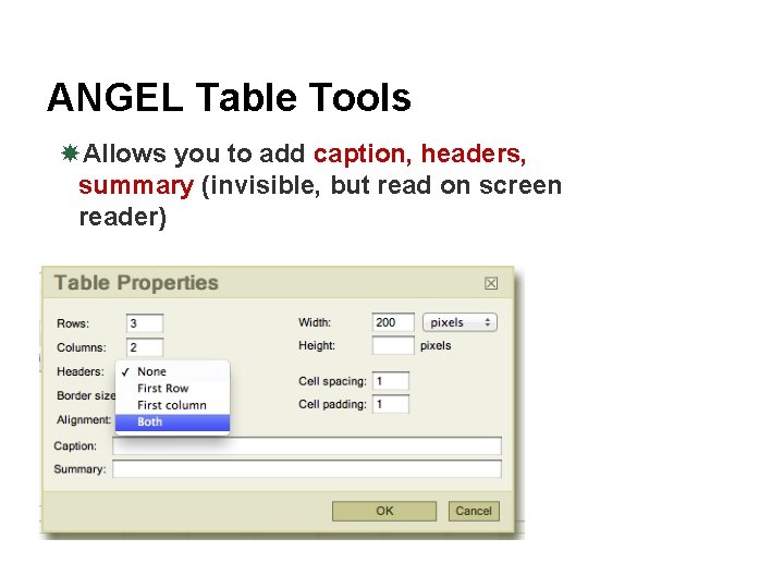 ANGEL Table Tools Allows you to add caption, headers, summary (invisible, but read on