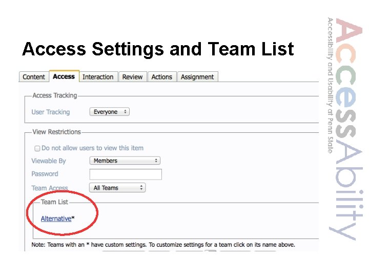 Access Settings and Team List 