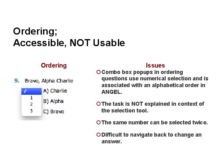 Ordering; Accessible, NOT Usable Ordering Issues ¡ Combo box popups in ordering questions use