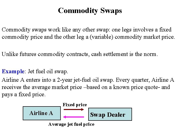 Commodity Swaps Commodity swaps work like any other swap: one legs involves a fixed