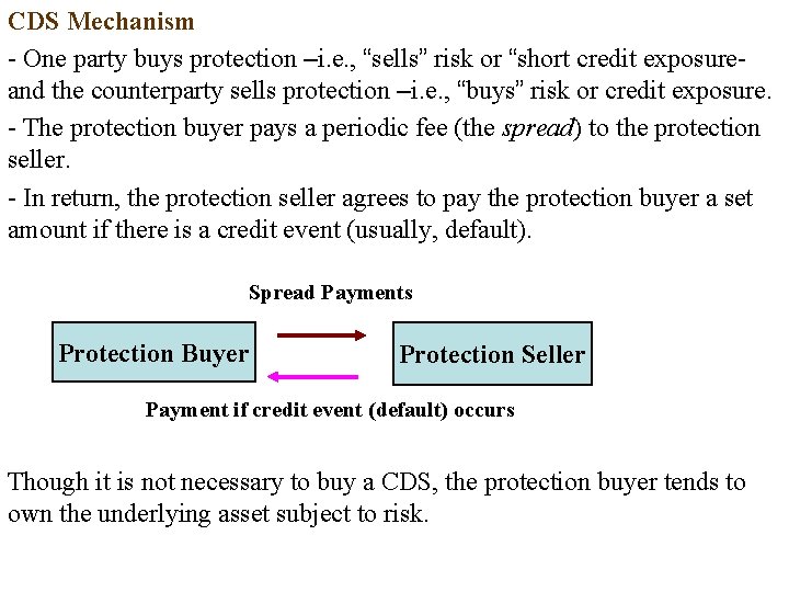 CDS Mechanism - One party buys protection –i. e. , “sells” risk or “short
