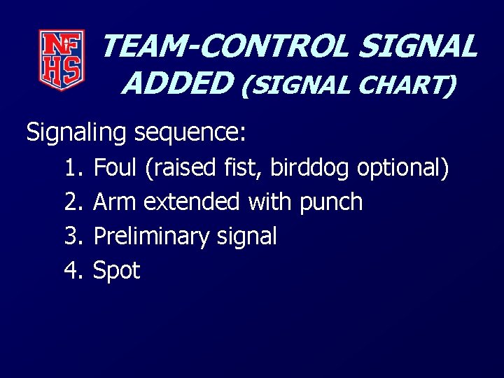 TEAM-CONTROL SIGNAL ADDED (SIGNAL CHART) Signaling sequence: 1. Foul (raised fist, birddog optional) 2.