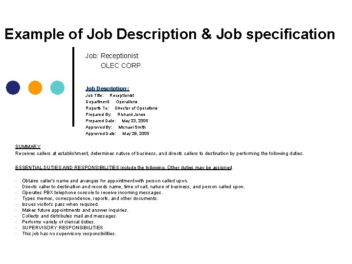 Example of Job Description & Job specification Job: Receptionist OLEC CORP. Job Description : Example of Job Description & Job specification Job: Receptionist OLEC CORP. Job Description :