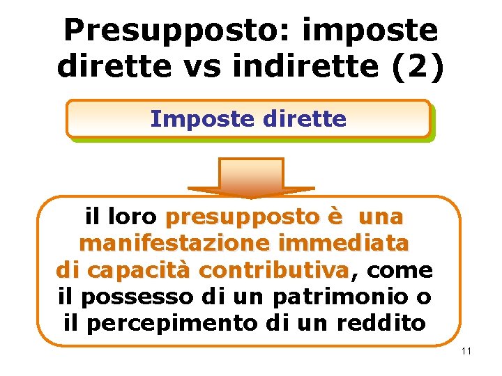 Presupposto: imposte dirette vs indirette (2) Imposte dirette il loro presupposto è una manifestazione