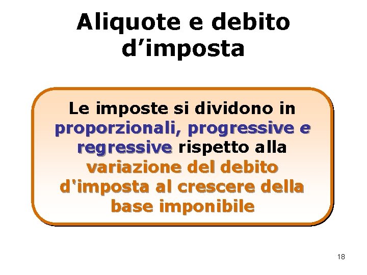 Aliquote e debito d’imposta Le imposte si dividono in proporzionali, progressive e regressive rispetto