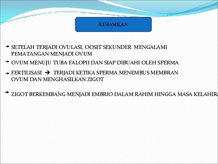 KEHAMILAN SETELAH TERJADI OVULASI, OOSIT SEKUNDER MENGALAMI PEMATANGAN MENJADI OVUM MENUJU TUBA FALOPII DAN