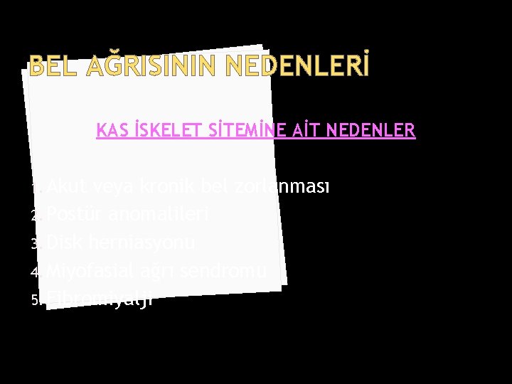 BEL AĞRISININ NEDENLERİ KAS İSKELET SİTEMİNE AİT NEDENLER 1. Akut veya kronik bel zorlanması