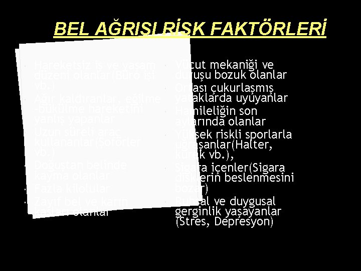 BEL AĞRISI RİSK FAKTÖRLERİ Hareketsiz iş ve yaşam düzeni olanlar(Büro işi vb. ) Ağır